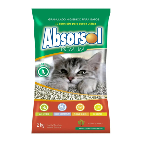 Bolsa de piedras sanitarias Absorsol Premium de 2 kg, sobre fondo blanco.
