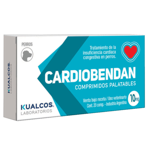 Cardiobendan 10 mg Kualcos: envase fotografiado de 20 comprimidos. Imagen ilustrativa para la presentación de venta de 100 comprimidos.