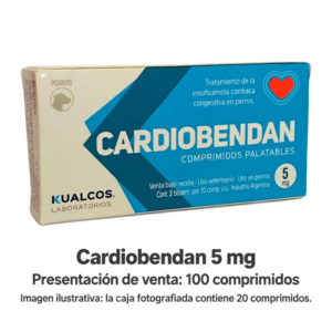 Cardiobendan Kualcos 5 mg. Presentación de venta: 100 comprimidos. Imagen ilustrativa: la caja fotografiada contiene 20 comprimidos.