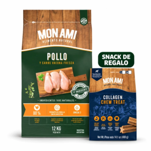 Promoción Mon Ami Pollo de 12 kg con snack Collagen Chew Treat de 400 g de regalo